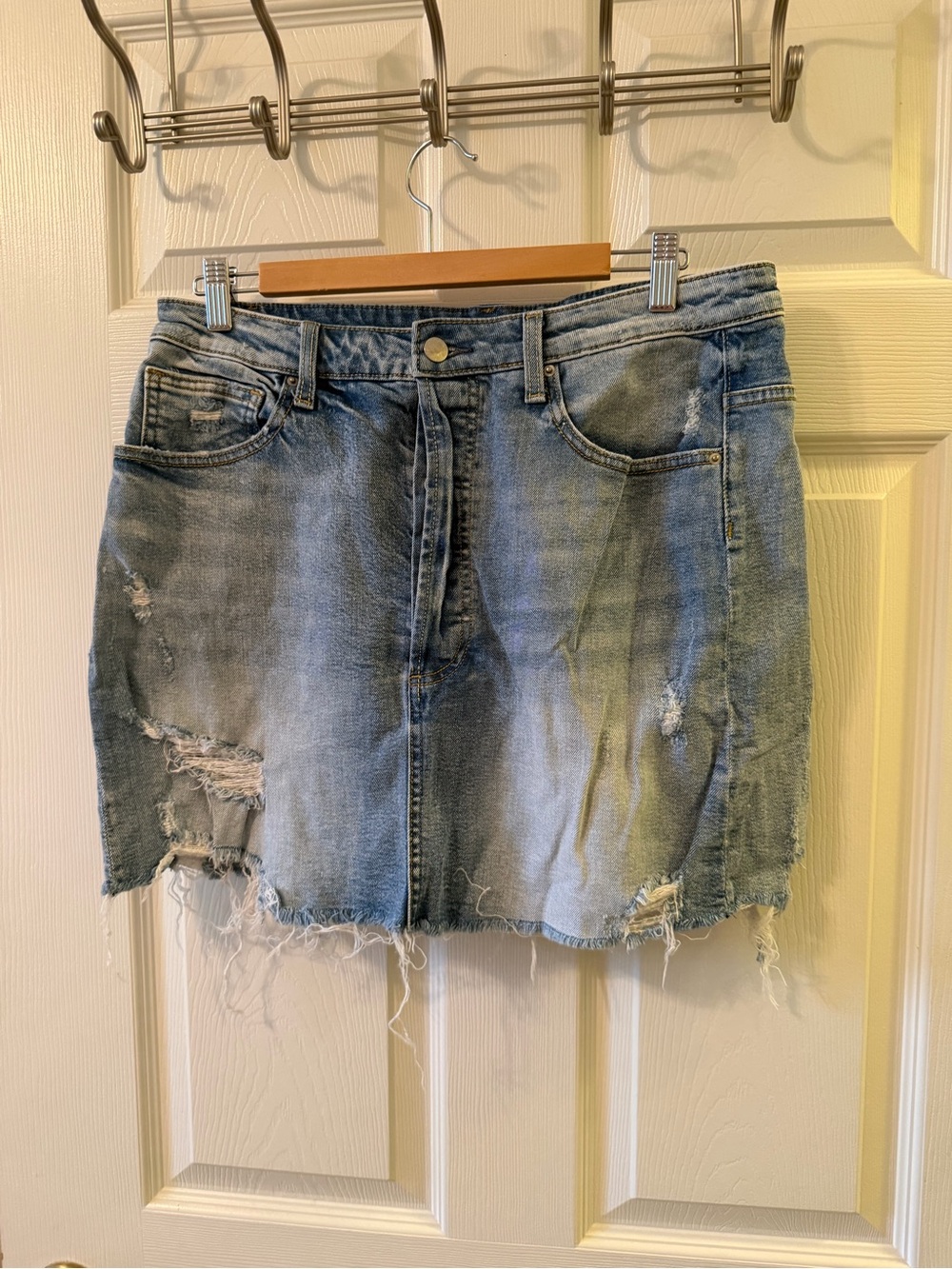 Aqua Light Blue Distressed Denim Mini Skirt